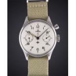 A GENTLEMAN'S STAINLESS STEEL BRITISH MILITARY LEMANIA SINGLE BUTTON ROYAL NAVY CHRONOGRAPH WRIST