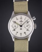 A GENTLEMAN'S STAINLESS STEEL BRITISH MILITARY LEMANIA SINGLE BUTTON ROYAL NAVY CHRONOGRAPH WRIST