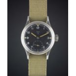 A GENTLEMAN'S STAINLESS STEEL BRITISH MILITARY OMEGA W.W.W. WRIST WATCH CIRCA 1940s, WITH NATO DIAL,