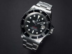 A RARE GENTLEMAN'S STAINLESS STEEL ROLEX OYSTER PERPETUAL DATE "RED WRITING" SUBMARINER BRACELET