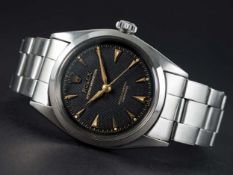 A RARE GENTLEMAN'S STAINLESS STEEL ROLEX OYSTER PERPETUAL BRACELET WATCH CIRCA 1955, REF. 6580 BLACK