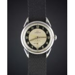 A GENTLEMAN'S STAINLESS STEEL LEMANIA WRIST WATCH CIRCA 1950, WITH TWO TONE "BULLSEYE" DIAL