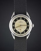 A GENTLEMAN'S STAINLESS STEEL LEMANIA WRIST WATCH CIRCA 1950, WITH TWO TONE "BULLSEYE" DIAL