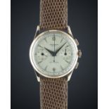 A GENTLEMAN'S 18K SOLID PINK GOLD UNIVERSAL GENEVE UNI COMPAX CHRONOGRAPH WRIST WATCH CIRCA 1960,