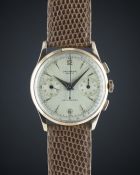 A GENTLEMAN'S 18K SOLID PINK GOLD UNIVERSAL GENEVE UNI COMPAX CHRONOGRAPH WRIST WATCH CIRCA 1960,