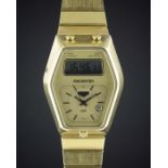 A GENTLEMAN'S GOLD PLATED HEUER MANHATTAN GMT LCD BRACELET WATCH CIRCA 1980, REF. 104.405  Movement: