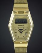 A GENTLEMAN'S GOLD PLATED HEUER MANHATTAN GMT LCD BRACELET WATCH CIRCA 1980, REF. 104.405  Movement: