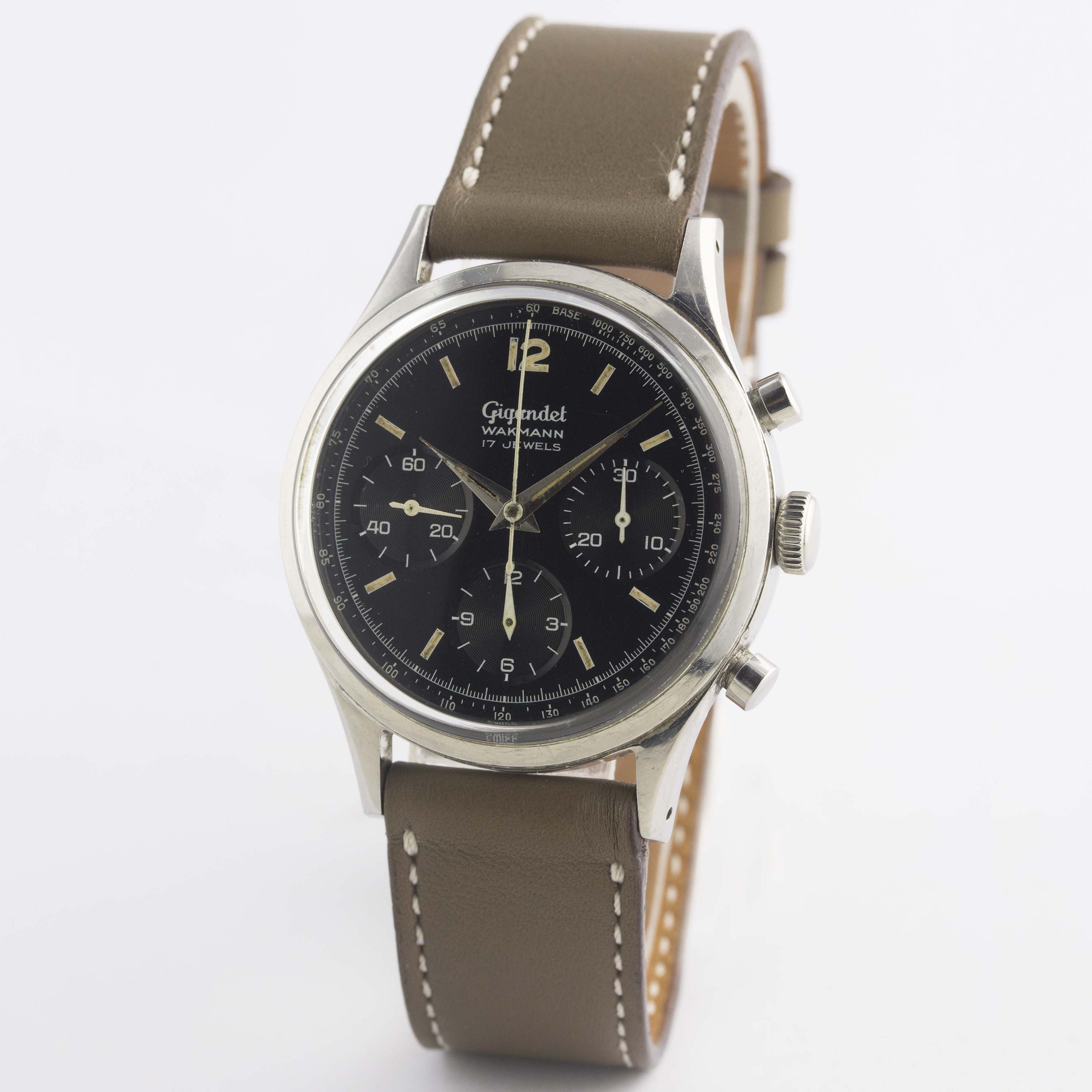 A RARE GENTLEMAN'S STAINLESS STEEL GIGANDET WAKMANN CHRONOGRAPH WRIST WATCH CIRCA 1960s, WITH - Image 4 of 10