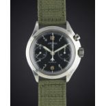 A GENTLEMAN'S STAINLESS STEEL BRITISH MILITARY LEMANIA SINGLE BUTTON ROYAL NAVY CHRONOGRAPH WRIST