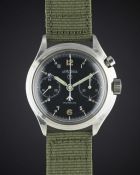 A GENTLEMAN'S STAINLESS STEEL BRITISH MILITARY LEMANIA SINGLE BUTTON ROYAL NAVY CHRONOGRAPH WRIST