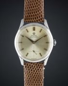 A GENTLEMAN'S STAINLESS STEEL OMEGA SEAMASTER WRIST WATCH CIRCA 1952, REF. 2639-4 WITH ROSE GOLD
