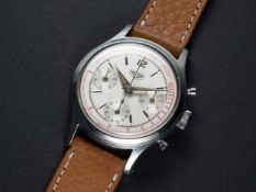 A RARE GENTLEMAN'S STAINLESS STEEL HEUER "WATERPROOF" CHRONOGRAPH WRIST WATCH CIRCA 1950s, WITH