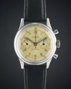 A RARE GENTLEMAN'S LARGE STAINLESS STEEL EXCELSIOR PARK "WATERPROOF" DECIMAL CHRONOGRAPH WRIST WATCH