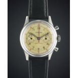 A RARE GENTLEMAN'S LARGE STAINLESS STEEL EXCELSIOR PARK "WATERPROOF" DECIMAL CHRONOGRAPH WRIST WATCH