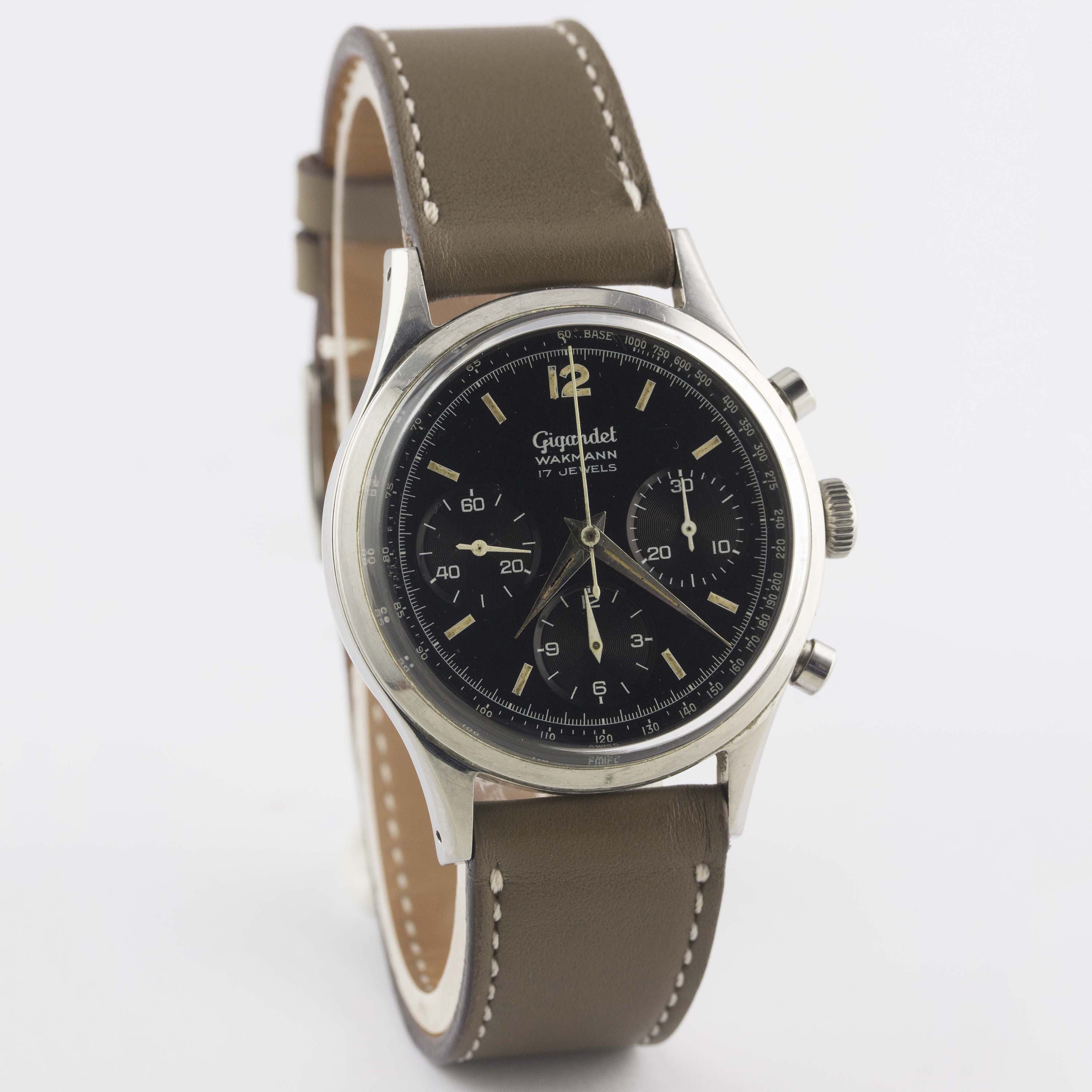 A RARE GENTLEMAN'S STAINLESS STEEL GIGANDET WAKMANN CHRONOGRAPH WRIST WATCH CIRCA 1960s, WITH - Bild 5 aus 10