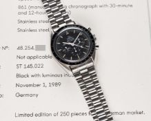 A RARE GENTLEMAN'S STAINLESS STEEL OMEGA SPEEDMASTER PROFESSIONAL CHRONOGRAPH BRACELET WATCH DATED