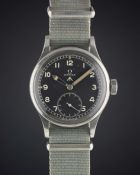 A GENTLEMAN'S STAINLESS STEEL BRITISH MILITARY OMEGA W.W.W. WRIST WATCH CIRCA 1940s, PART OF THE "