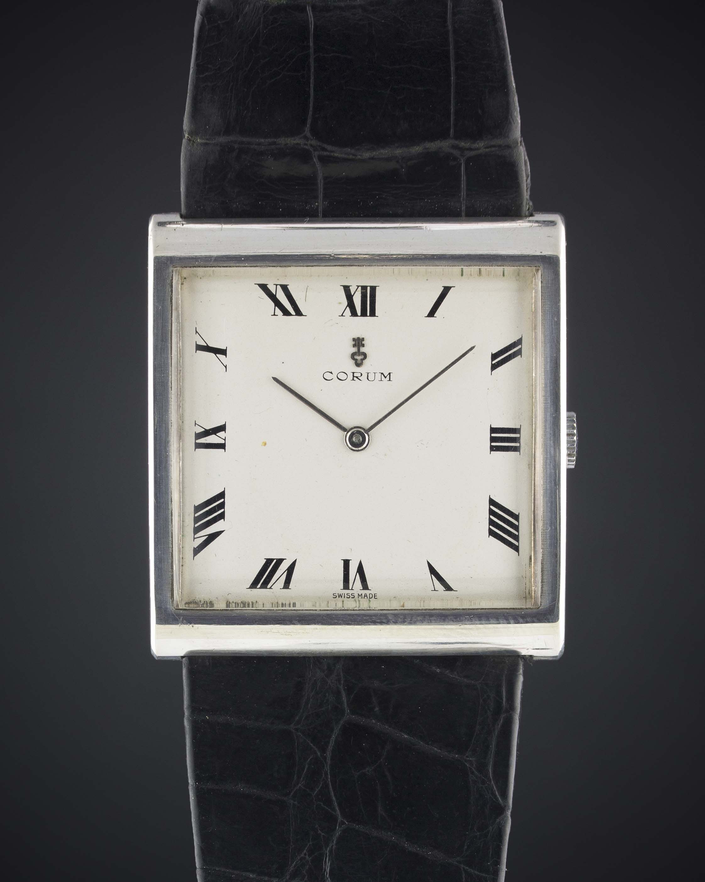 A GENTLEMAN'S LARGE SIZE SOLID SILVER CORUM BUCKINGHAM WRIST WATCH CIRCA 1970s Movement: 17J, manual