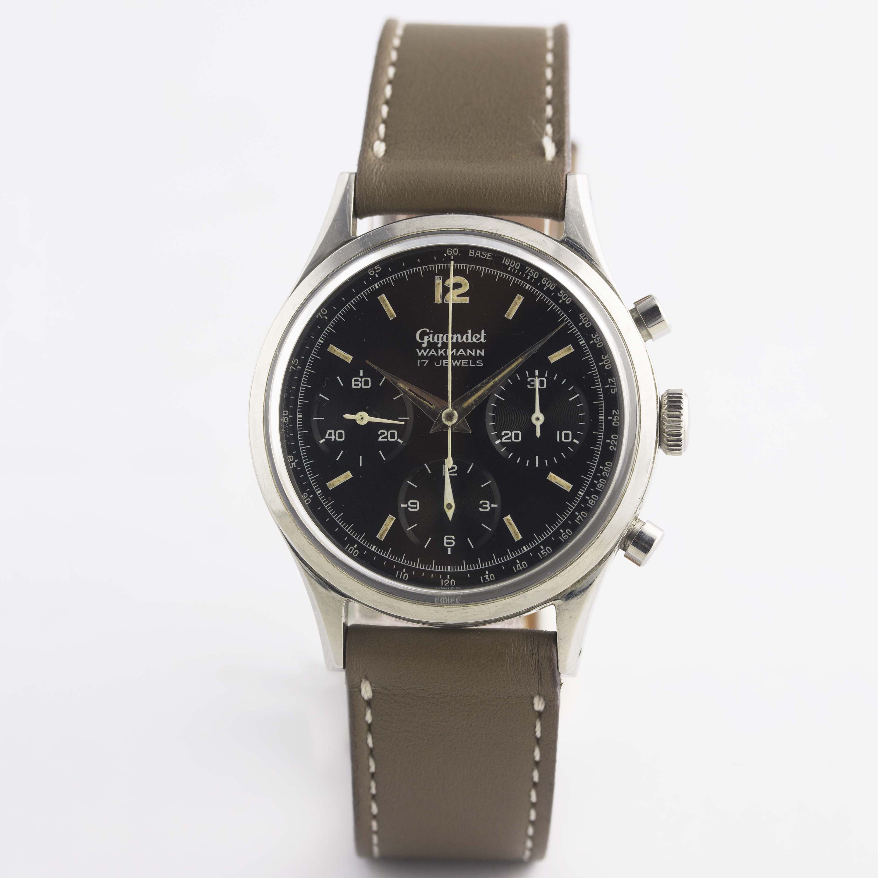 A RARE GENTLEMAN'S STAINLESS STEEL GIGANDET WAKMANN CHRONOGRAPH WRIST WATCH CIRCA 1960s, WITH - Image 2 of 10