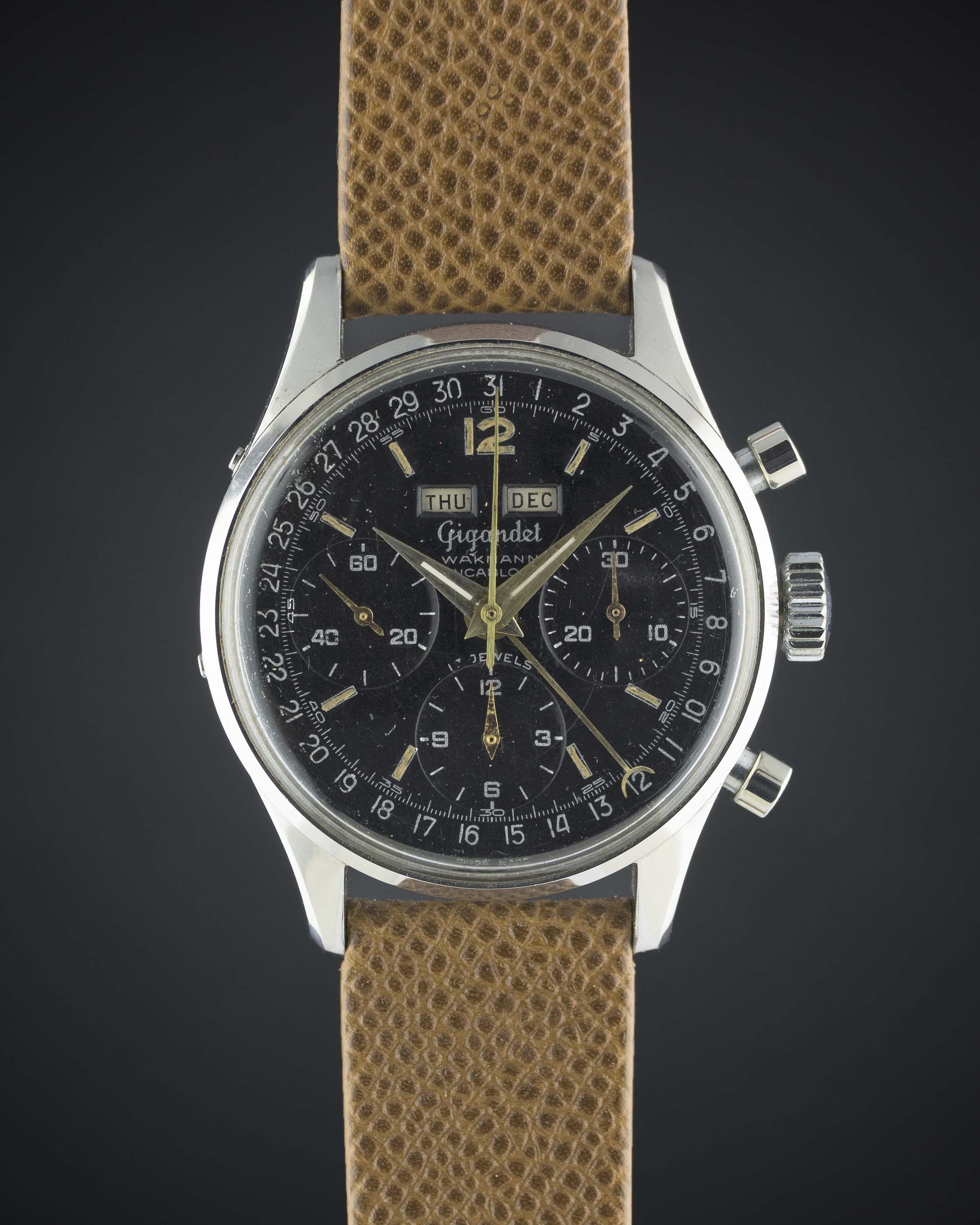 A RARE GENTLEMAN'S STAINLESS STEEL GIGANDET WAKMANN TRIPLE CALENDAR CHRONOGRAPH WRIST WATCH CIRCA