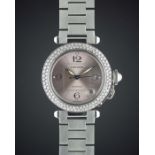 A LADIES LARGE SIZE STAINLESS STEEL CARTIER PASHA AUTOMATIC BRACELET WATCH CIRCA 2007, REF. 2324