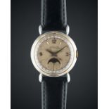 A GENTLEMAN'S STEEL & ROSE GOLD LECOULTRE MOONPHASE TRIPLE CALENDAR WRIST WATCH CIRCA 1950s