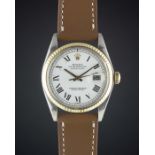 A GENTLEMAN'S STEEL & GOLD ROLEX OYSTER PERPETUAL DATEJUST WRIST WATCH CIRCA 1977, REF. 1601 WITH