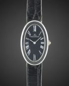 A LADIES 18K SOLID WHITE GOLD JAEGER LECOULTRE WRIST WATCH CIRCA 1970s, WITH BLUE EMBOSSED DIAL