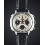 A GENTLEMAN'S STAINLESS STEEL ELGIN CHRONOGRAPH WRIST WATCH CIRCA 1970s, WITH "PANDA" DIAL Movement: