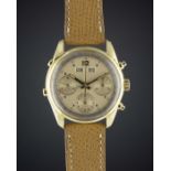 A FINE GENTLEMAN'S 18K SOLID GOLD "WATERPROOF" TRIPLE CALENDAR CHRONOGRAPH WRIST WATCH CIRCA 1950s