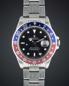 A GENTLEMAN'S STAINLESS STEEL ROLEX OYSTER PERPETUAL DATE GMT MASTER BRACELET WATCH CIRCA 1991, REF.