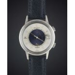 A GENTLEMAN'S STAINLESS STEEL JAEGER LECOULTRE MEMOVOX AUTOMATIC ALARM WRIST WATCH CIRCA 1970,