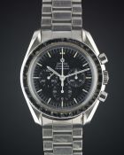 A RARE GENTLEMAN'S STAINLESS STEEL OMEGA SPEEDMASTER PROFESSIONAL CHRONOGRAPH BRACELET WATCH CIRCA