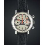 A RARE GENTLEMAN'S STAINLESS STEEL LIP CHRONOGRAPH WRIST WATCH CIRCA 1970, WITH "EXOTIC" DIAL