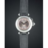 A LADIES STAINLESS STEEL CARTIER MISS PASHA WRIST WATCH CIRCA 2002, REF. 2973 WITH PINK SUNBURST