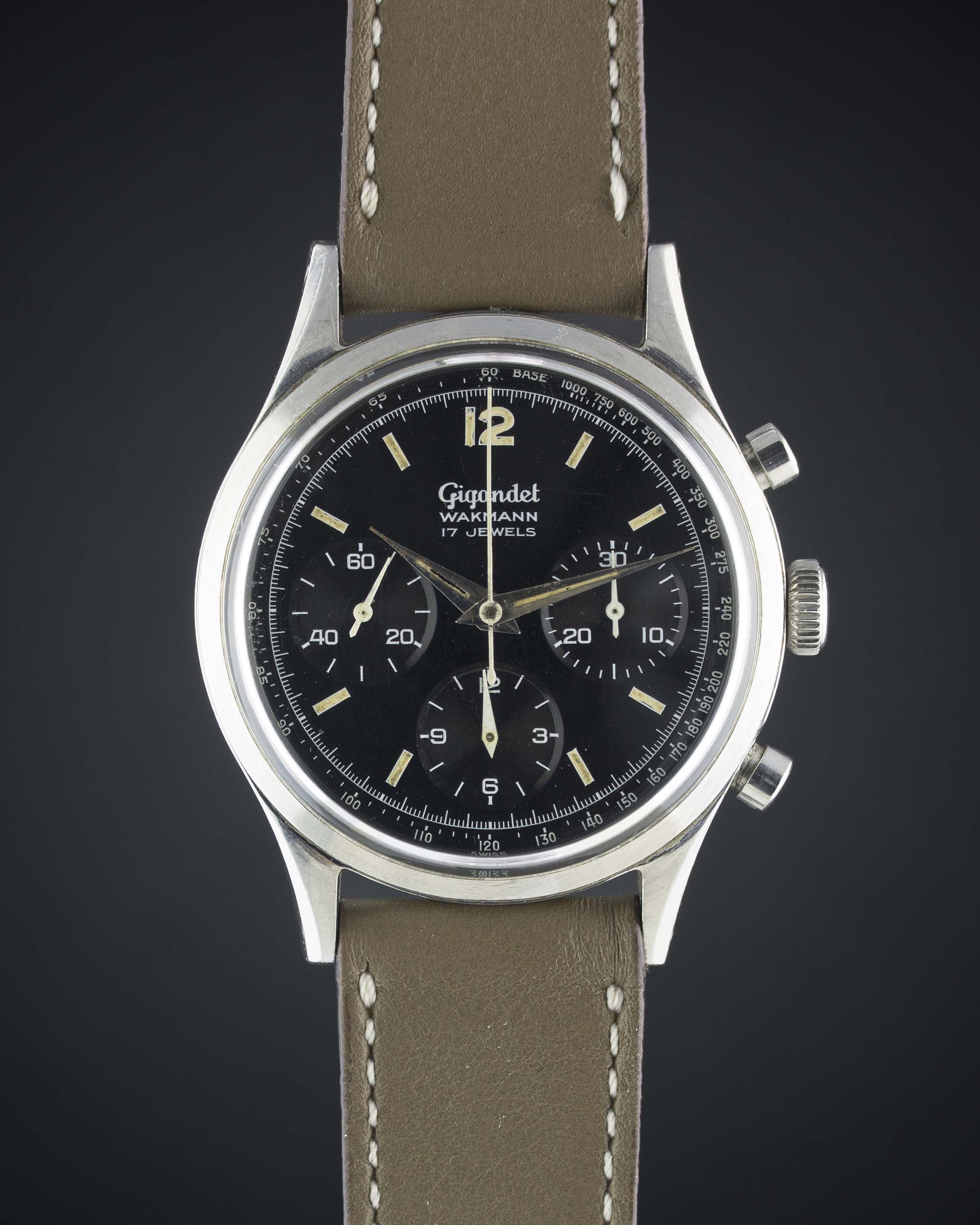 A RARE GENTLEMAN'S STAINLESS STEEL GIGANDET WAKMANN CHRONOGRAPH WRIST WATCH CIRCA 1960s, WITH