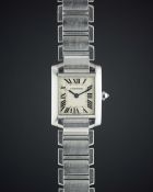A LADIES STAINLESS STEEL CARTIER TANK FRANCAISE BRACELET WATCH DATED 2009, REF. 2384 WITH ORIGINAL