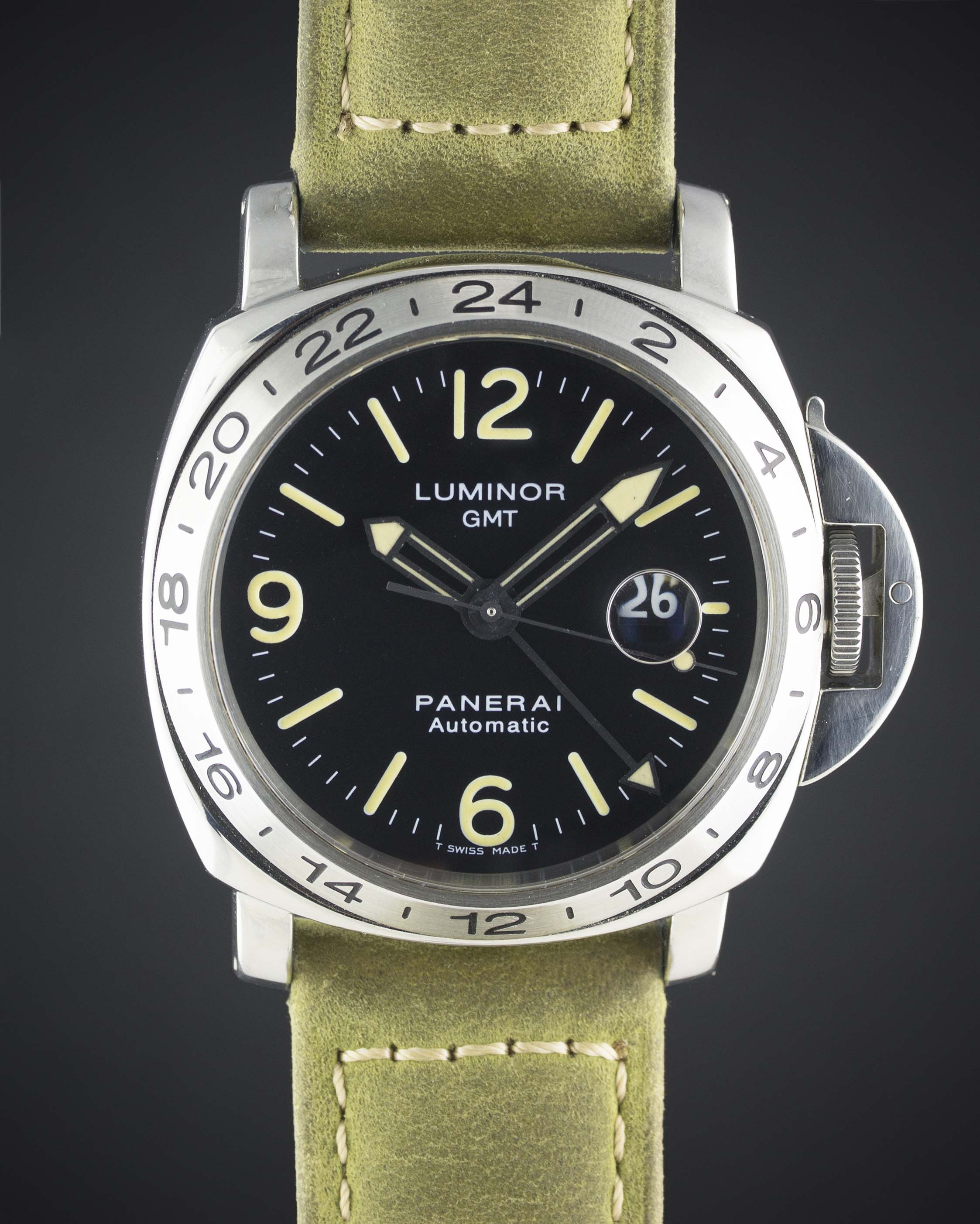 A RARE GENTLEMAN'S STAINLESS STEEL PANERAI LUMINOR GMT OCEAN CHRONOMETER WRIST WATCH DATED 1999,