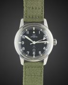 A RARE GENTLEMAN'S STAINLESS STEEL BRITISH MILITARY ROYAL NAVY LEMANIA WRIST WATCH DATED 1965,