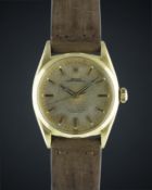 A GENTLEMAN'S LARGE SIZE 18K SOLID GOLD ROLEX OYSTER PERPETUAL WRIST WATCH CIRCA 1957, REF. 6598