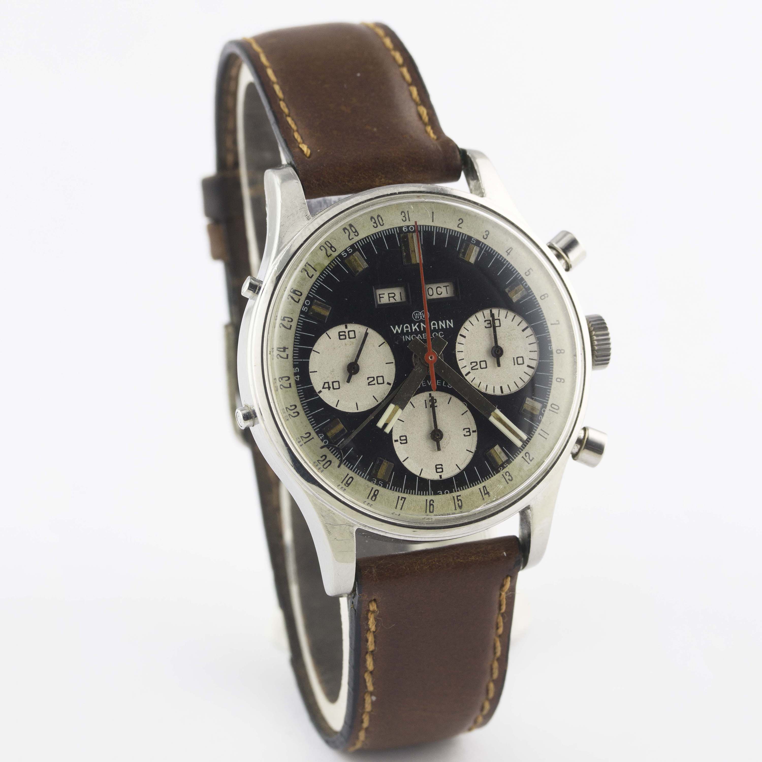 A GENTLEMAN'S STAINLESS STEEL WAKMANN TRIPLE CALENDAR CHRONOGRAPH WRIST WATCH CIRCA 1960s, REF. 71. - Image 5 of 10