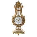 A RARE LOUIS XVI ORMOLU MOUNTED ALABASTER LYRE CLOCK  CIRCA 1800, THE DIAL SIGNED KINABLE PARIS