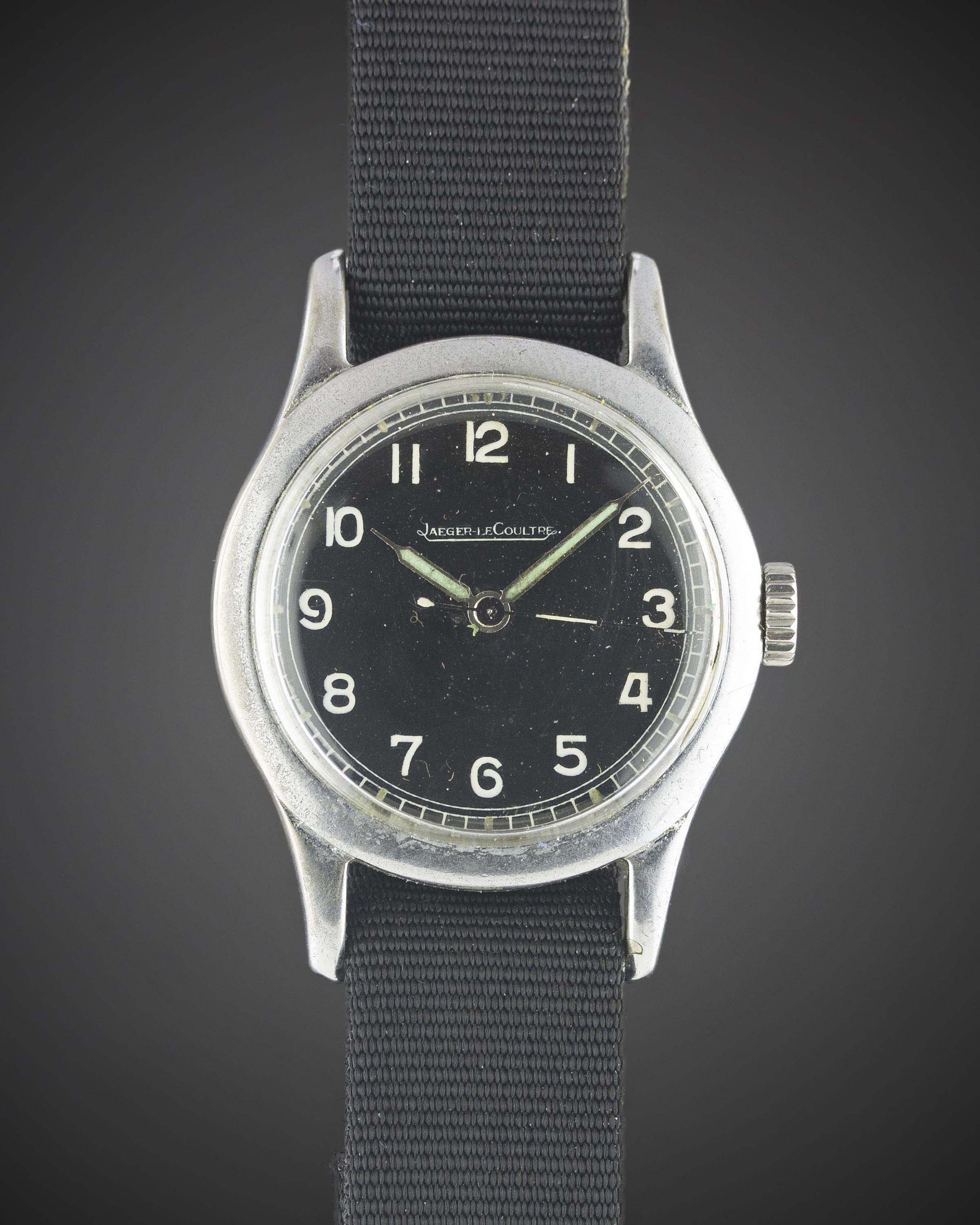 A GENTLEMAN'S BRITISH MILITARY JAEGER LECOULTRE RAF PILOTS WRIST WATCH CIRCA 1940, WITH BLACK MOD