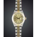 A LADIES STEEL & GOLD ROLEX OYSTER PERPETUAL DATEJUST BRACELET WATCH DATED 1990, REF. 69173 WITH