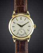 A GENTLEMAN'S 18K SOLID GOLD PATEK PHILIPPE WRIST WATCH DATED 1950, REF. 1491 WITH "SCROLL LUGS",