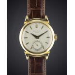 A GENTLEMAN'S 18K SOLID GOLD PATEK PHILIPPE WRIST WATCH DATED 1950, REF. 1491 WITH "SCROLL LUGS",