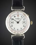 A GENTLEMAN'S SOLID SILVER EBERHARD & CO SINGLE BUTTON CHRONOGRAPH WRIST WATCH CIRCA 1930, WITH