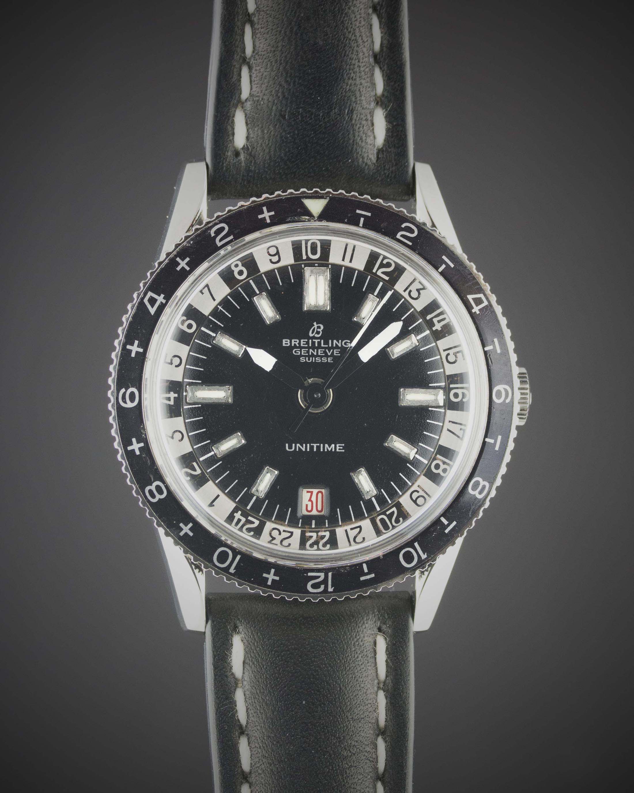 A GENTLEMAN'S STAINLESS STEEL BREITLING UNITIME "WORLD TIME" GMT WRIST WATCH CIRCA 1961, REF. 2610