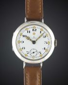 A GENTLEMAN'S SOLID SILVER OMEGA "OFFICERS" WRIST WATCH CIRCA 1918, ENAMEL DIAL WITH LARGE LUME