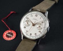 A RARE GENTLEMAN'S "NOS" LARGE SIZE STAINLESS STEEL DOXA CHRONOGRAPH WRIST WATCH CIRCA 1940s, WITH